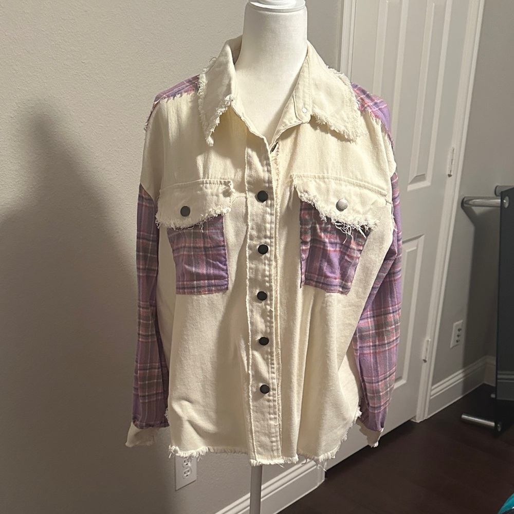 Large POL Cream and Purple Plaid Shacket
